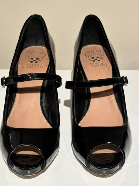 Vince Camuto Women’s Black Patent Leather Open Toe 3 inch Heels Size 10