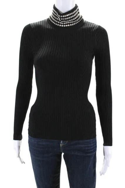 Alexander Wang Womens Rhinestone Ribbed Turtleneck Sweater Black Size XS