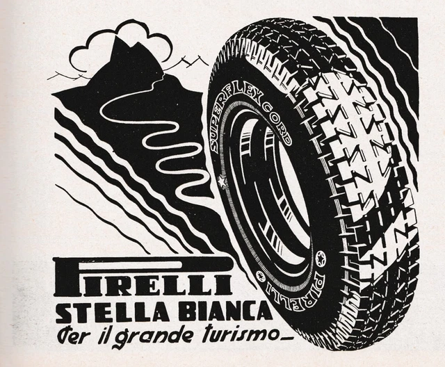 Pubblicita' 1933 Pirelli Stella Bianca Grande Turismo Strada Montagna