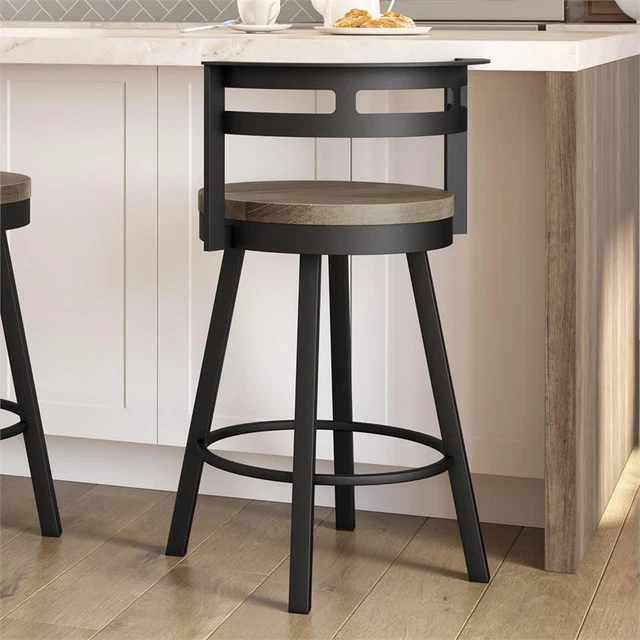 Amisco Vector 30 In. Swivel Bar Stool - Beige Distressed Wood / Black Metal
