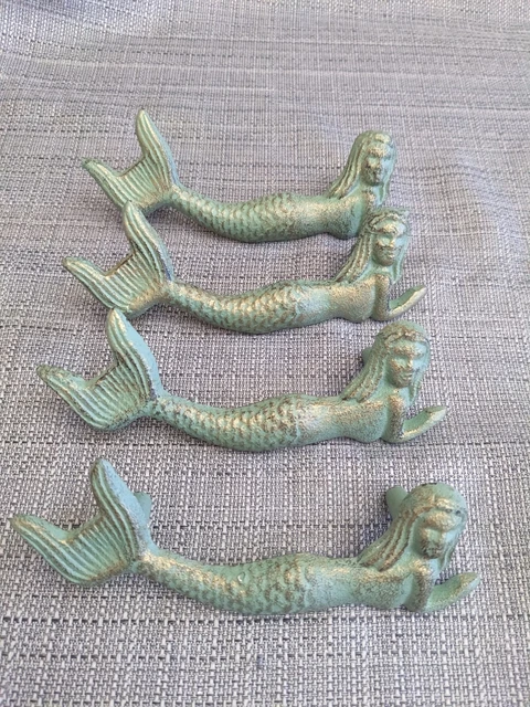 4 Cast Iron MERMAID Drawer Pull Handle Door Nautical Dresser Beach antique style