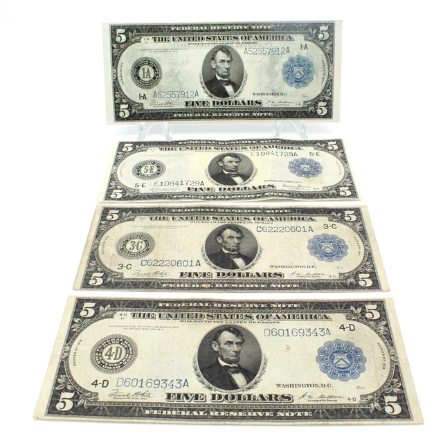 Lot Of 4: 1914 $5 United States Large Federal Reserve Notes Blue Seal Cb384-10