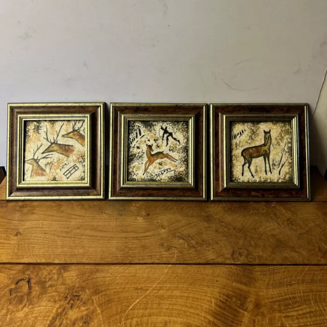 Set Of 3 Beautiful Vintage Tiles Framed Deer