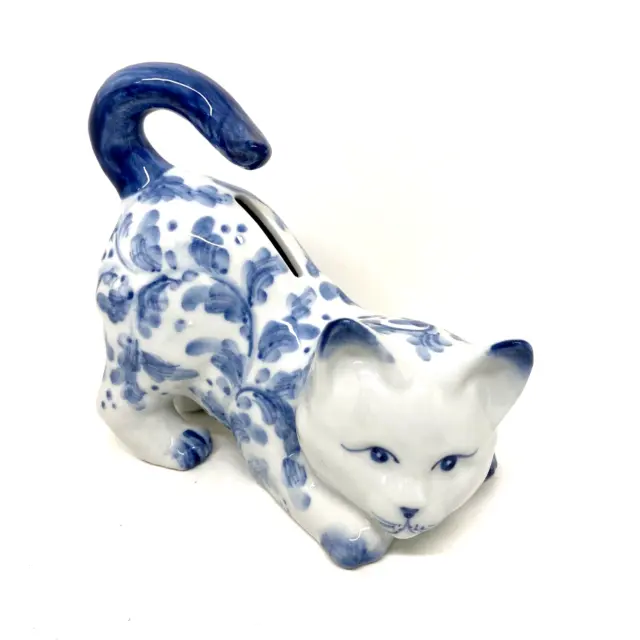 Vintage Andrea By Sadek Cat Kitten Piggy Bank White with Blue Floral Pattern