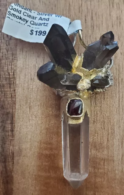 Silver & Yellow Gold Smokey And Clear Quartz Crystal Pendant