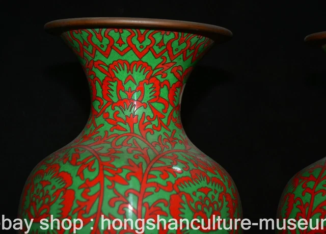 15.6" Old Chinese Bronze Cloisonne Dynasty Flower Bottle Vase Pair 2