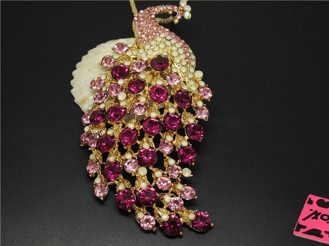 New Pink Crystal Ornate Peacock Animal Pendant Betsey Johnson China Necklace