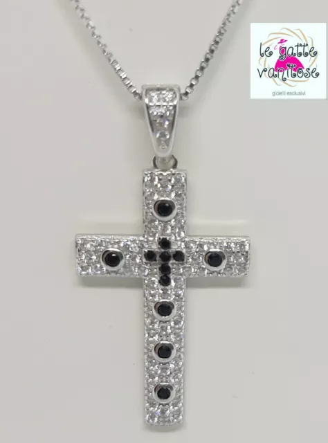 Croce Bellissima In Argento 925 Con Pave' Di Zirconi Neri+ Catenina Omaggio.