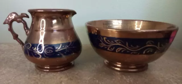 Antique Copper Lustre Milk Jug or Creamer & Sugar Bowl