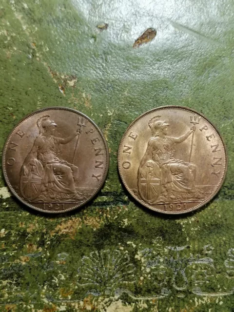 1921 Pair Of ONE Pennies King George V AUNC With Lustre Great Condition
