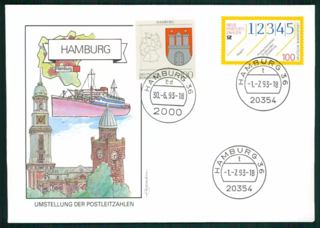 BRD SONDERBELGEG 1993 UMSTELLUNG ALTE/NEUE PLZ HAMBURG eb59