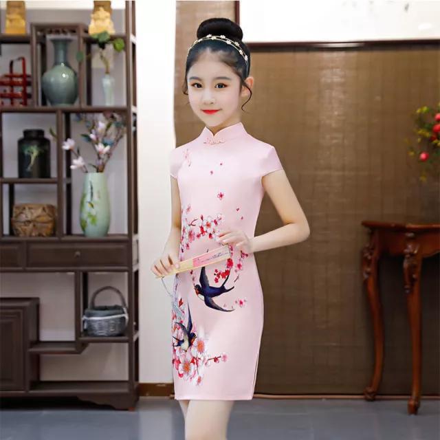 Cinese Ragazze Bambine Magpie & Ciliegia Blossom Pink Corto Qipao Cheongsam