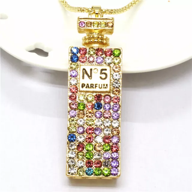 Fashion Women Color Bling Perfume Bottle Crystal Pendant Sweater Necklace