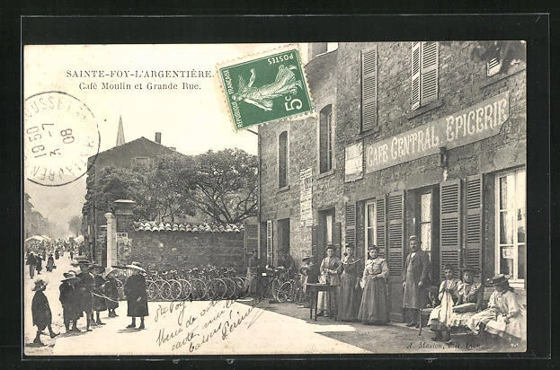 CPA Sainte-Foy-L'Argentière, Café Moulin and Grande Rue 1908