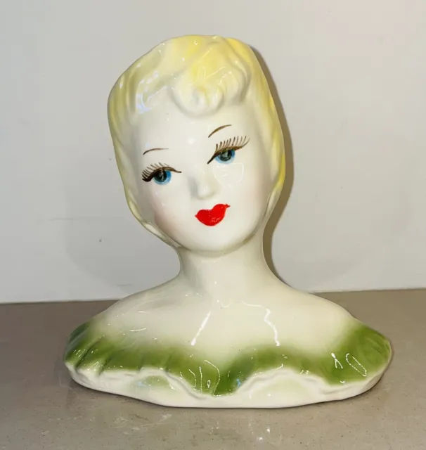 Vintage Glamour Girl Lady Head Vase 1960s Blonde Green Dress Blue Eyes