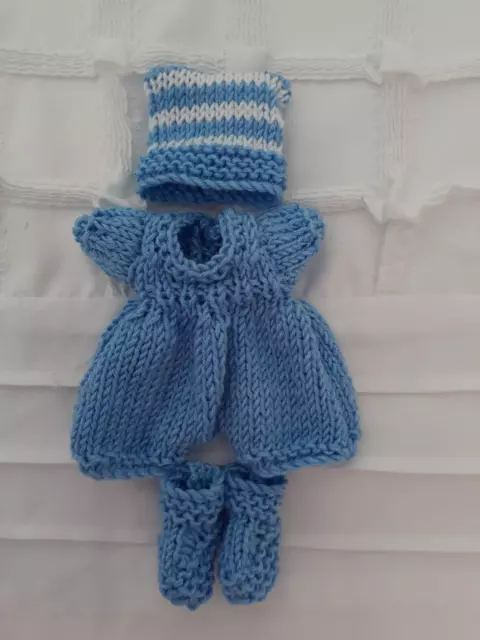 Hand Knitted Dolls Clothes For 6 Inch 15 Cm Slender Doll.  Blue & White Set
