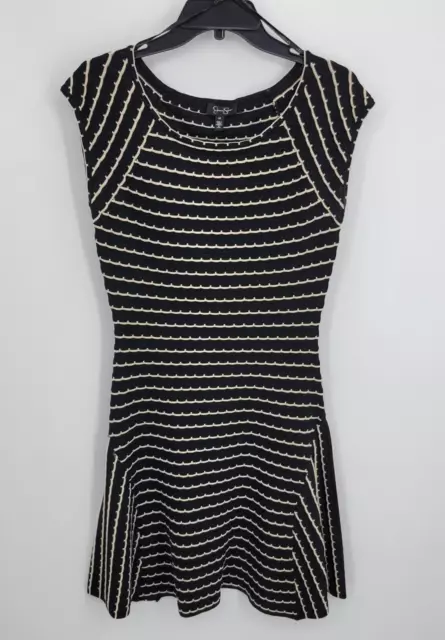 Jessica Simpson Dress Womens Medium Black Tan Stripe Stretch Scoop Neck Flared