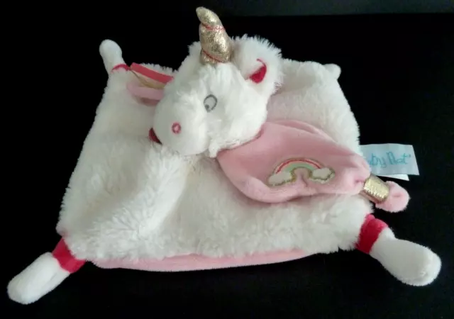 *. DOUDOU PLAT CARRE BABY NAT LICORNE Blanc rose doré arc en ciel - ETAT NEUF *