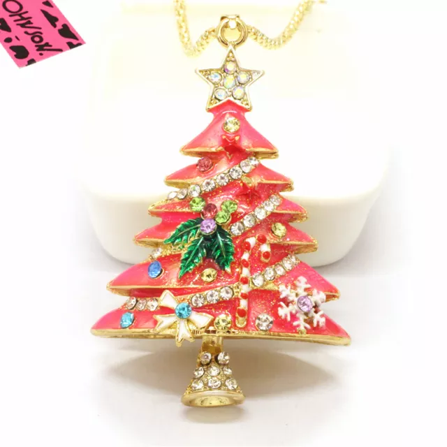 Hot Fashion Lady Red Enamel Cute Christmas Tree Crystal Pendant Women Necklace