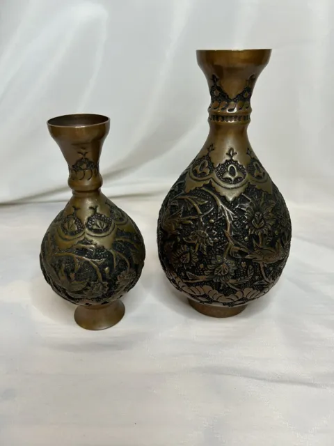 2 Vintage Engraved Copper Middle Eastern Vases Birds and Flowers 19th Century