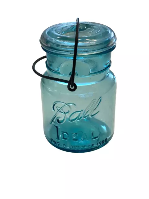 Ball Ideal Blue Aqua Pint Canning Jar with Glass Lid July 14, 1908 #1 Vintage
