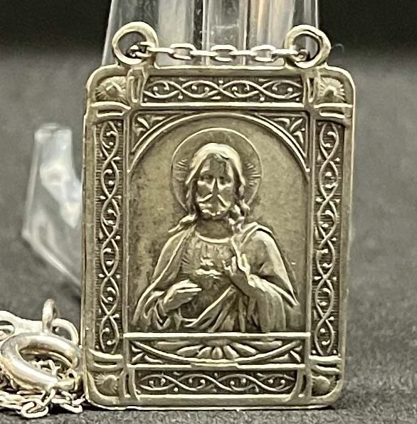 FRANCE ANTIQUE SCAPULAR Medal Sacred Heart of Jesus & Our Lady of Mt ...