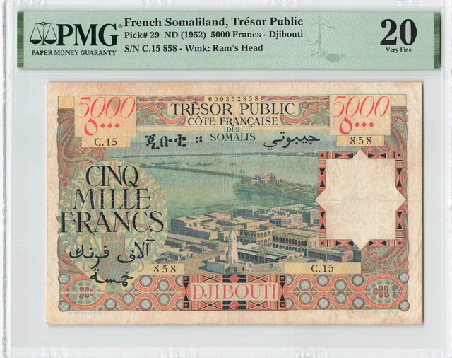 FRENCH SOMALILAND 5000 Francs 1952, P-29, Tresor Public, PMG 20 VF, Rare Note.