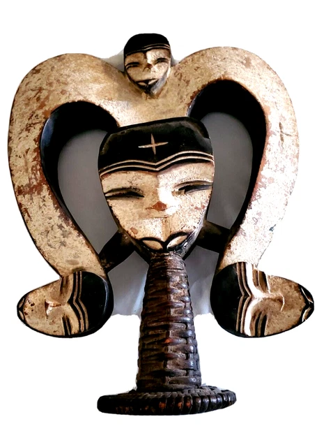 African Rare Old Hand Carved Wood Ceremonial Kwefe Tribal Four Face Mask