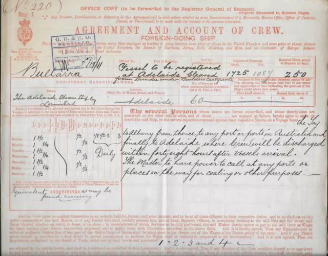 Agreement & Account of Crew Foreign-Going Ship 1890 Bullarra Dundee to Adelaide