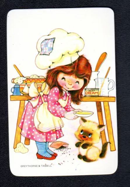 Vintage Swap  Card - Cute Girl Feeding Kitten (BLANK BACK)