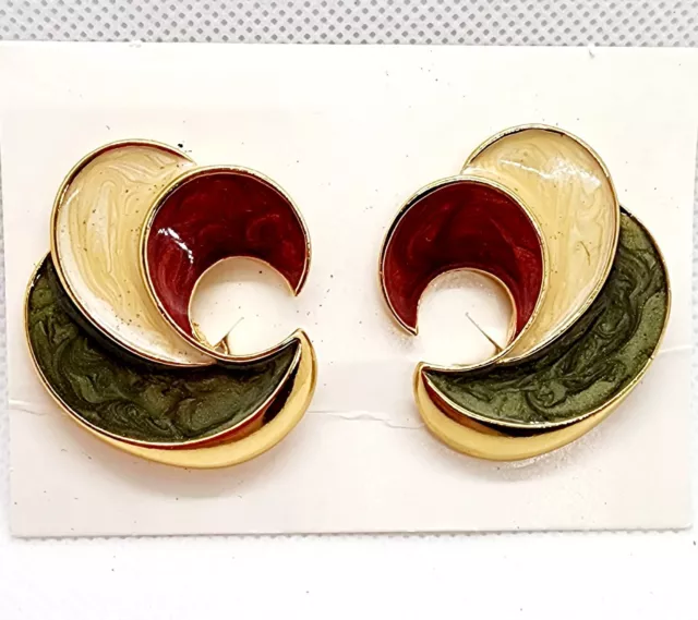 Vntg 1991 Avon Swirl of Color Earth Tone Green Cream Red Enamel Clip On Earrings