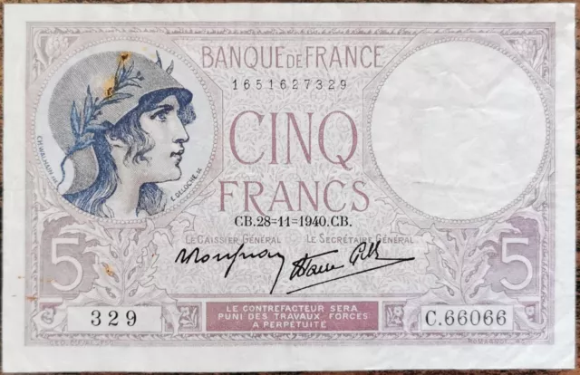 Billet 5 francs VIOLET 28 - 11 - 1940 FRANCE C.66066