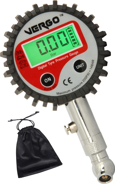 VERGO Jauge Pression Pneus Digitale - Ecran LCD - 0-200 Psi - Pour Voiture/Moto/Camion