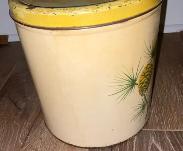 Vintage Retro Decoware  metal Canister, 1940s or 50s,  Pinecones, Yellow, 3