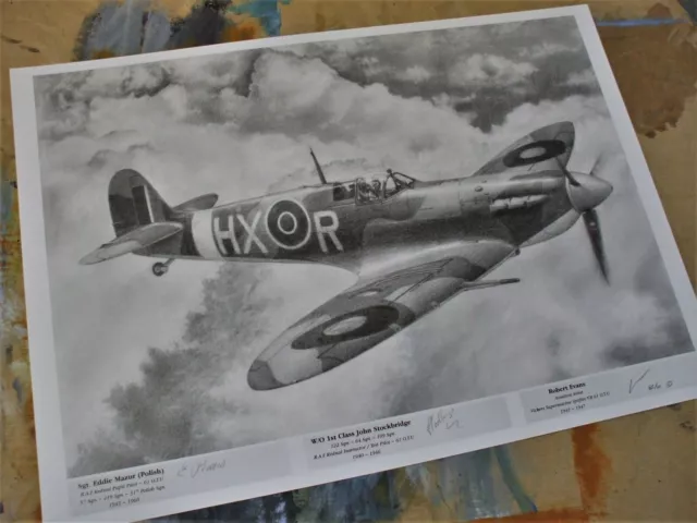 Spitfire pilot x 2 signed limited edition A3 print 100 only RAF WW2 61OTU