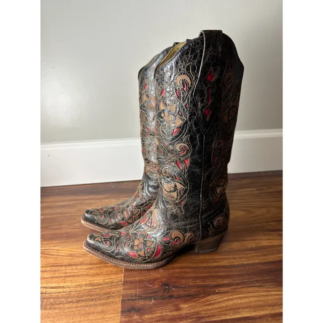 Corral Laser Cowboy Cowgirl Boots Snip Toe Black Red Size 7 M