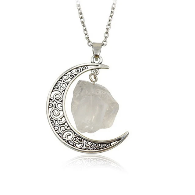 Natural Quartz Crystal Pendant Chakra Healing Gemstone Moon Necklace Jewelry