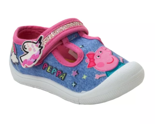 Girls Peppa Pig Blue Canvas Rainbow Glitter Baby First Steps Shoes Size