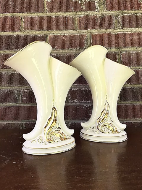 2} Mid Century Art Deco Style Double Cornucopia Art Pottery Planter Vases Usa