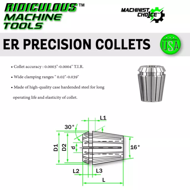 ER 32  Spring Collet SET 12 Piece 1/8" - 13/16"  (0.0003) T.I.R. 3