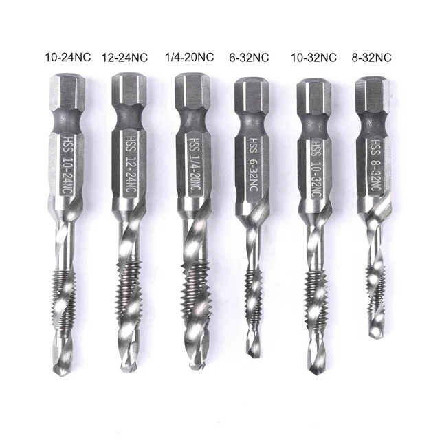 5pcs Spiral Flute Hss Combination Countersink Screw Tap Drill Bit 1/4" hex shank