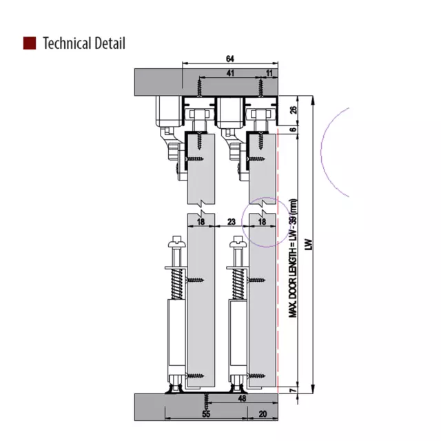 1800mm Sliding Wardrobe Door Track System Kit 75kg Per Door Rail For 2 Doors 3