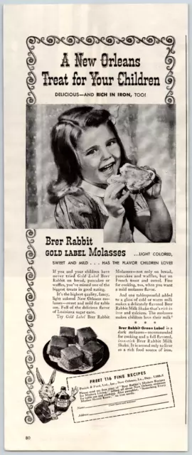 1945 Brer Rabbit Gold Label Molasses Girl Eating Toast Print Ad