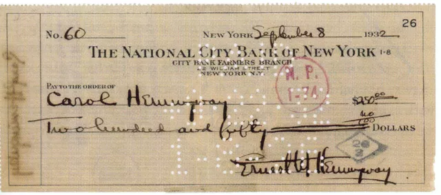 ERNEST HEMINGWAY Signed Cheque/Check - Author / Writer - Literature - preprint