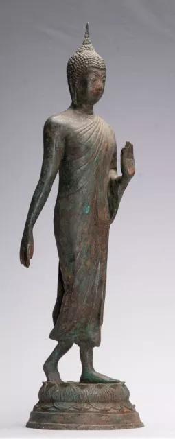 Antique Sukhothai Style Standing Bronze Walking Buddha Statue - 64cm/26"