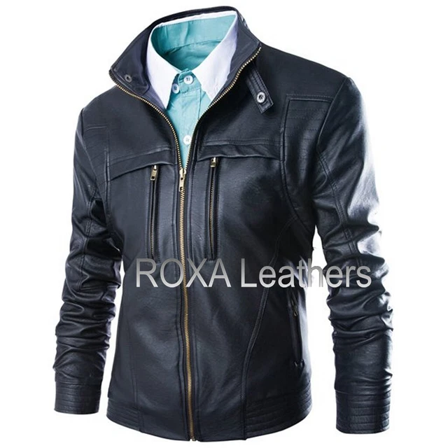 Uomo Originale pelle D'Agnello 100% Giacca Biker Ufficio Indossare Blu Navy