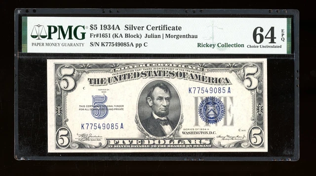 DBR 1934-A $5 Silver Fr. 1651 KA Block PMG 64 EPQ Serial K77549085A