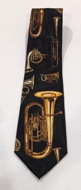EUC Mens Necktie Brass Trumpets & Trombones Steven Harris Hand Made Black & Gold