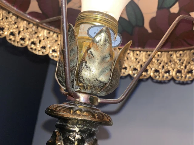 Vtg Brass Gold Filigree Table Lamp Tiffany Style Victorian Floral 18” Ornate 10
