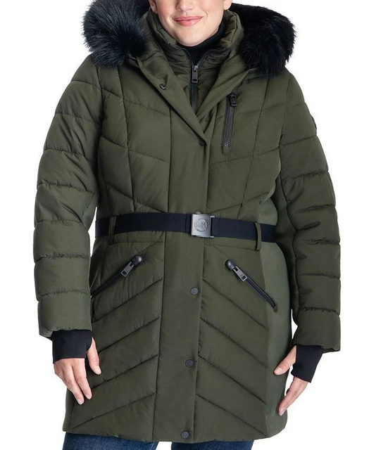 MICHAEL KORS Plus Size Belted Faux-Fur-Trim Hooded Puffer Coat 1X Olive Green